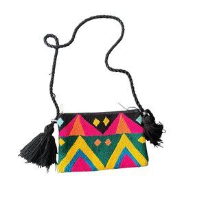 Handwoven Geometric Pattern Crossbody Bag With Braided Strap & Tassels - Multico